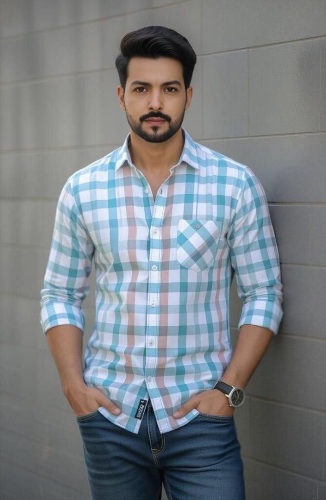 MrCamicie Aqua White Check Casual Shirt