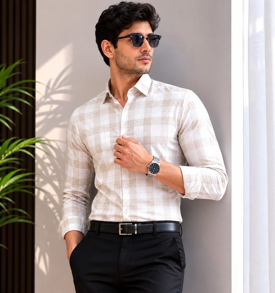 MrCamicie Beige Windowpane Check Casual Shirt