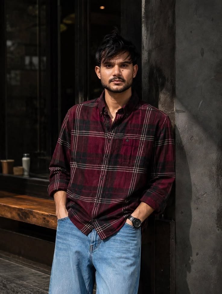MrCamicie Burgundy Black Check Casual Shirt