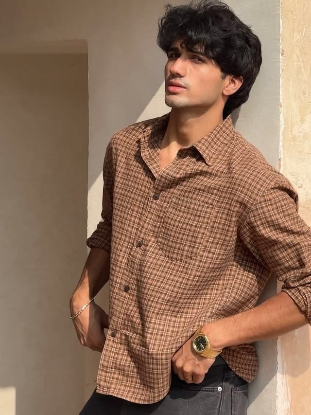 MrCamicie Camel Brown Mini Check Casual Shirt