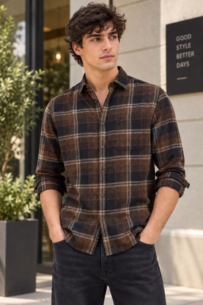 MrCamicie Chocolate Brown Check Casual Shirt