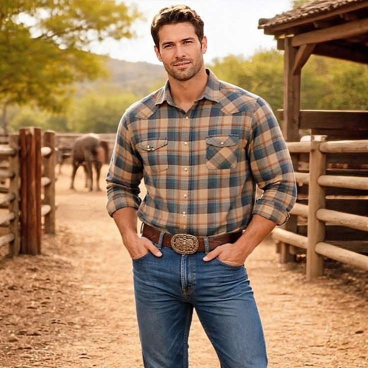MrCamicie Denim Blue Western Plaid Casual Shirt