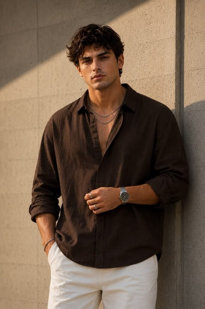 MrCamicie Espresso Brown Linen Shirt