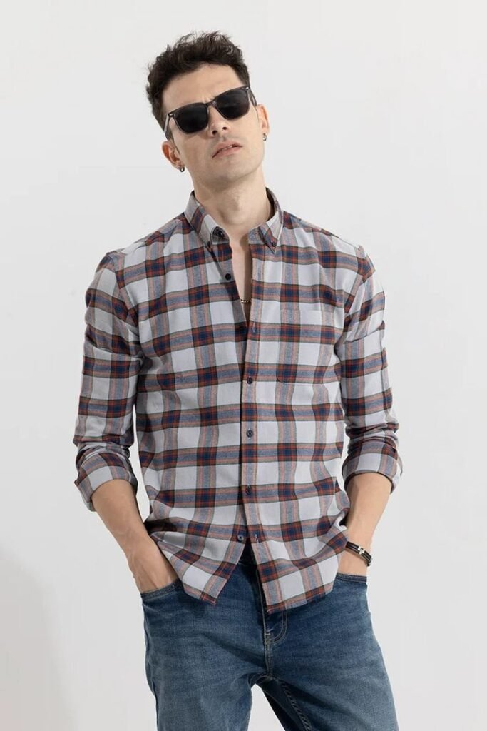 MrCamicie Grey Maroon Check Casual Shirt