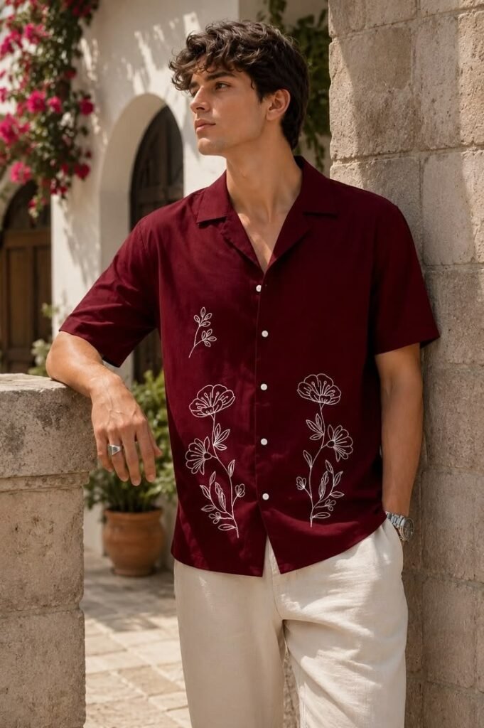 MrCamicie Maroon Floral Embroidered Half Sleeve Shirt