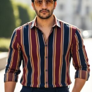 MrCamicie Maroon Navy Multi Stripe Printed Shirt