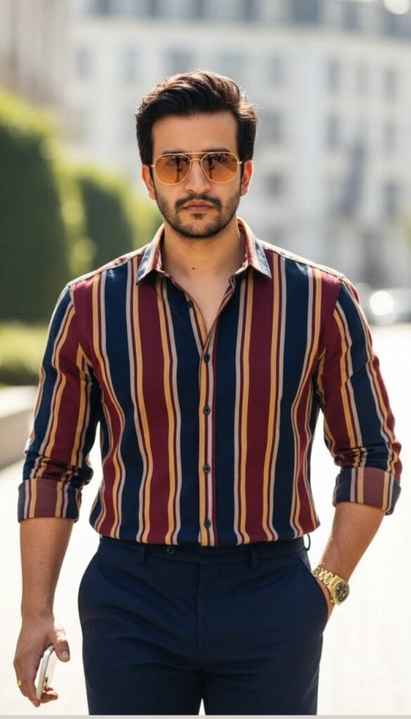 MrCamicie Maroon Navy Multi Stripe Printed Shirt