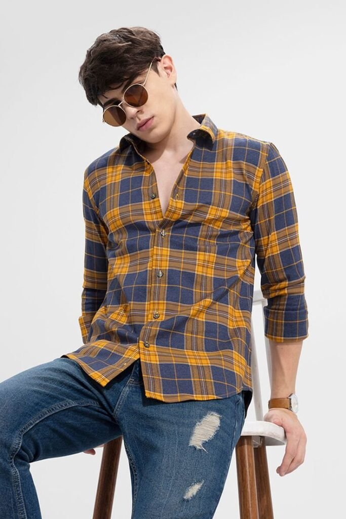 MrCamicie Mustard Navy Check Casual Shirt