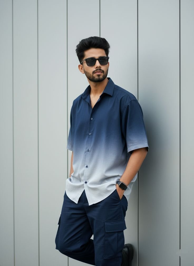 MrCamicie Navy Ombre Half Sleeve Shirt