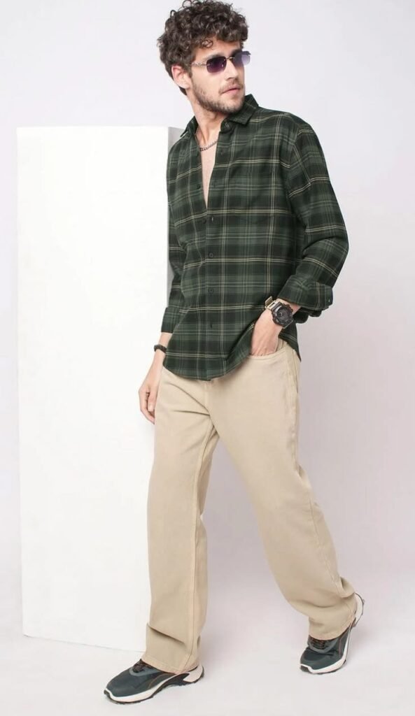 MrCamicie Olive Green Check Casual Shirt
