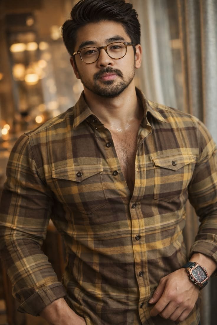 MrCamicie Olive Mustard Flannel Check Casual Shirt