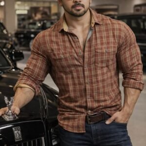 MrCamicie Rust Brown Plaid Flannel Casual Shirt