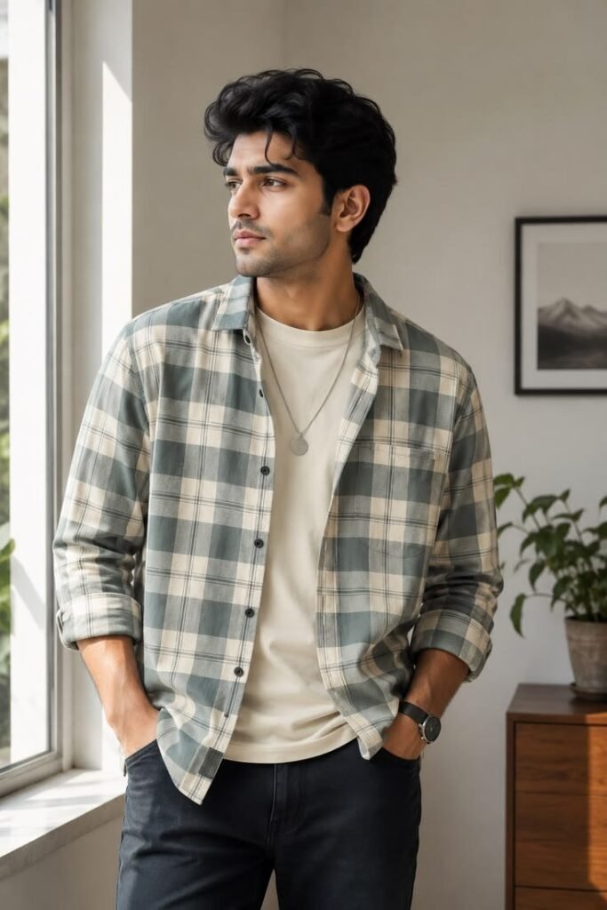 MrCamicie Sage Cream Check Casual Shirt